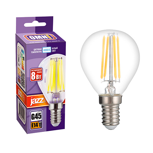 Лампа LED шар  8.0Вт Е14 4000К Филамент прозрачная OMNI Jazzway (10/100)