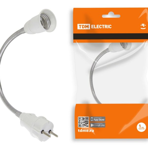 Переходник вилка-Е27 гибкий 300 мм белыйTDM (1/12/60)