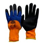 Перчатки утепленные вспененные, полный 2-ой облив, оранжево-синие с черными пальцами (10/480)