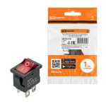 Выключатель клавишный KCD1-201N 250В AC/DC, 2P, 6А, (4с), ON-OFF, черный корпус, красная клавиша с L