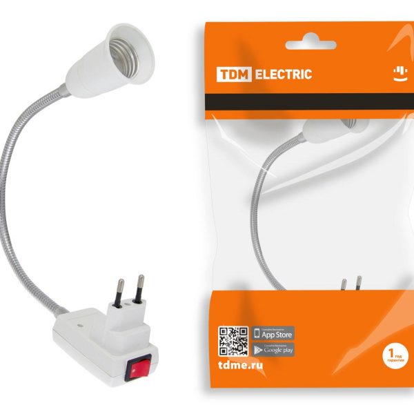 Переходник вилка-Е27 гибкий 300 мм белый с выключателемTDM (1/10/60)