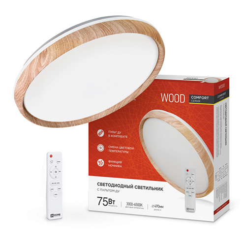 Светильник светодиодный с пультом 75Вт 3000-6500К 6000Лм COMFORT WOOD 500*90мм IN HOME