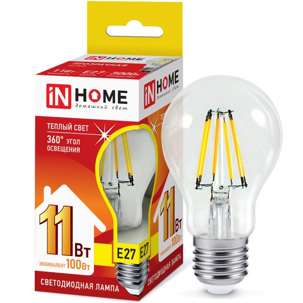 Лампа LED Стандарт 11Вт Е27 3000K 220V 900Лм IN HOME прозрачная А60-deco
