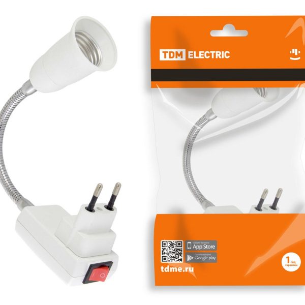 Переходник вилка-Е27 гибкий 150 мм белый с выключателемTDM (1/12/60)
