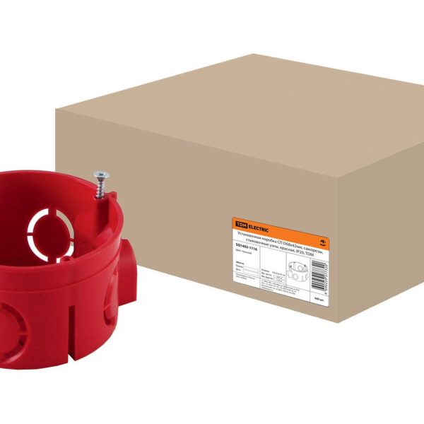 Подрозетник бетон 68х42мм, саморезы, стыковочные узлы, красная, IP20, TDM (10/300)