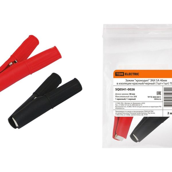 Зажим крокодил ЗКИ 5А 46мм в изоляции красный/черный (1+1) (уп/2шт) TDM