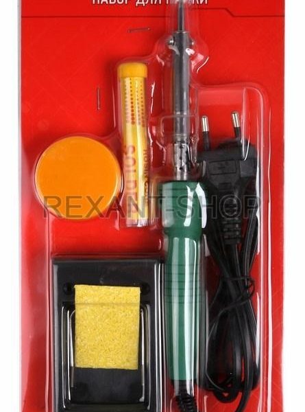 Набор для пайки №11: паяльник 30 Вт,подставка,губка,канифоль,припой REXANT