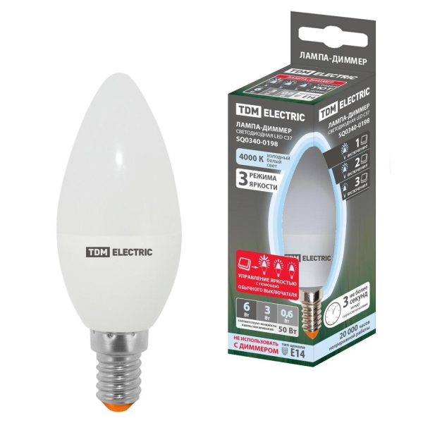 Лампа LED диммируемая свеча  6.0Вт Е-14 4000K C37 230V 3 уровня яркости TDM