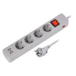 Сетевой фильтр c USB+Type C, 16А, 4 гнезда, c з/ш, с з/к, ПВС 3x1.0, 3 м, серый