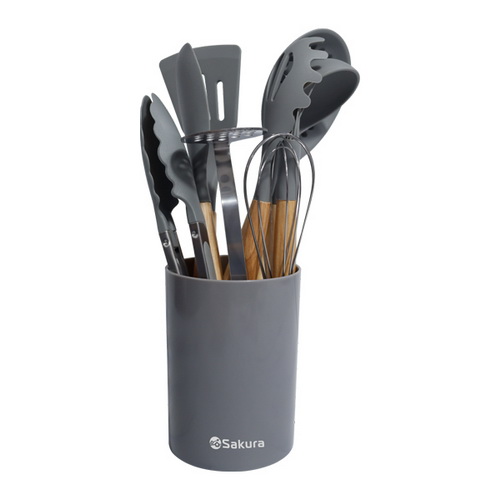 Набор кухонных принадлежностей SAKURA SA-KW100G 10 пр, силикон, нержавеющая сталь, дерево, серый Набор кухонных принадлежностей SAKURA SA-KW100G 10 пр, силикон, нержавеющая сталь, дерево, серый