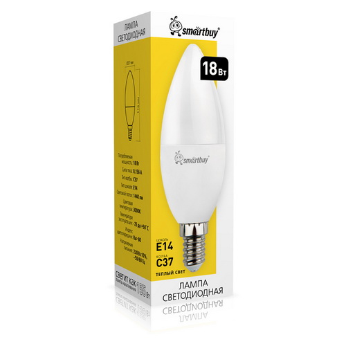 Лампа LED свеча 18Вт E14 3000К C37 Smartbuy Лампа LED свеча 18Вт E14 3000К C37 Smartbuy