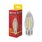 Лампа LED свеча  9.0Вт Е27 3000К 220V 1040Лм прозрачная IN HOME-deco (10/50)