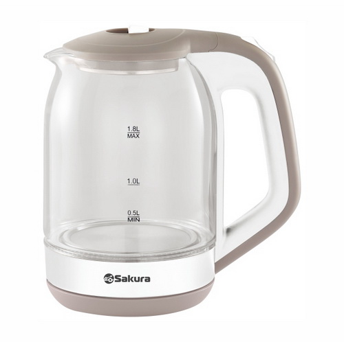 Чайник эл. SAKURA SA-2736WG 1500/1800Вт, 1,8л, диск, стекло, подсветка, цвет. белый с серым