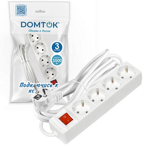 Удлинитель бытовой "DOMTOK" (ЛИДЕР) 4 гнезда, ПВС 3*0,75, 3,5кВт, с/з с выкл 3м