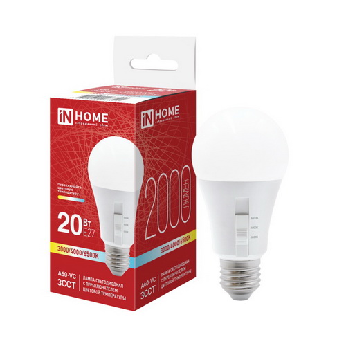 Лампа LED Стандарт 20Вт Е27 3/4/6500K 220В IN HOME VC А60 2000Лм ЗССТ с перекл на лампе (10/100)