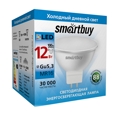 Лампа LED MR16 220V  12.0Вт GU5.3 6000К Smartbuy (10/100)