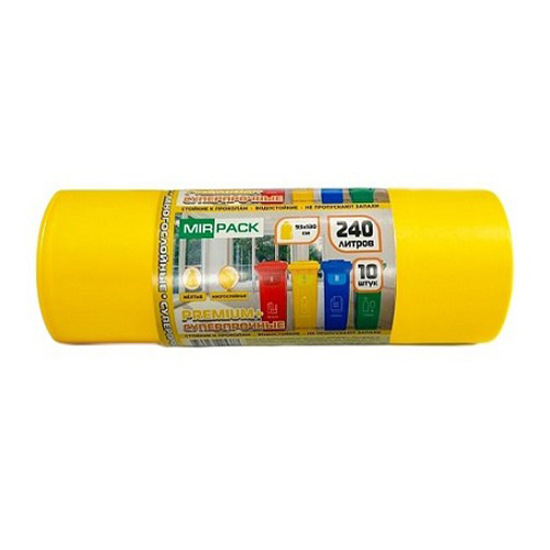 Мешки для мусора 240л 10шт/рулон 93*130см*45мкм, желтые MIRPACK PREMIUM+ суперпрочные ПВД (1/10)