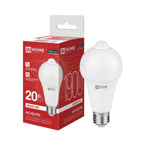 Лампа LED Стандарт 20Вт E27 4000К 1900Лм A60 PRO-ИД 5м, 35сек, инфрак датчик, фотоэлемент IN HOME