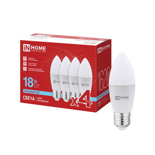 Лампа LED свеча 18Вт E-27 6500К 220V 1620Лм СВЕЧА-VC IN HOME 4PACK (4шт/уп) (1/25)