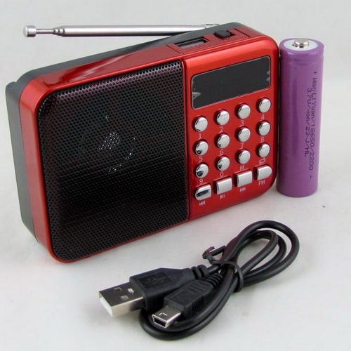 Приемник C-3 FM USB TF аккум18650, шнур miniUSB, красный